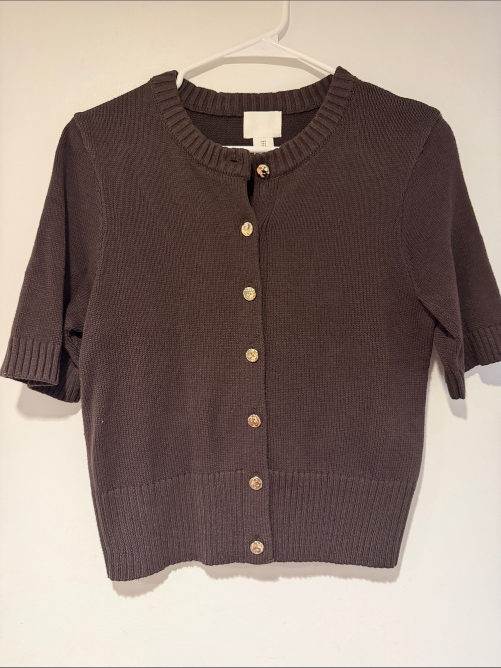 H&M Short-Sleeve Button-Front Knit Cardigan in Dark Brown
